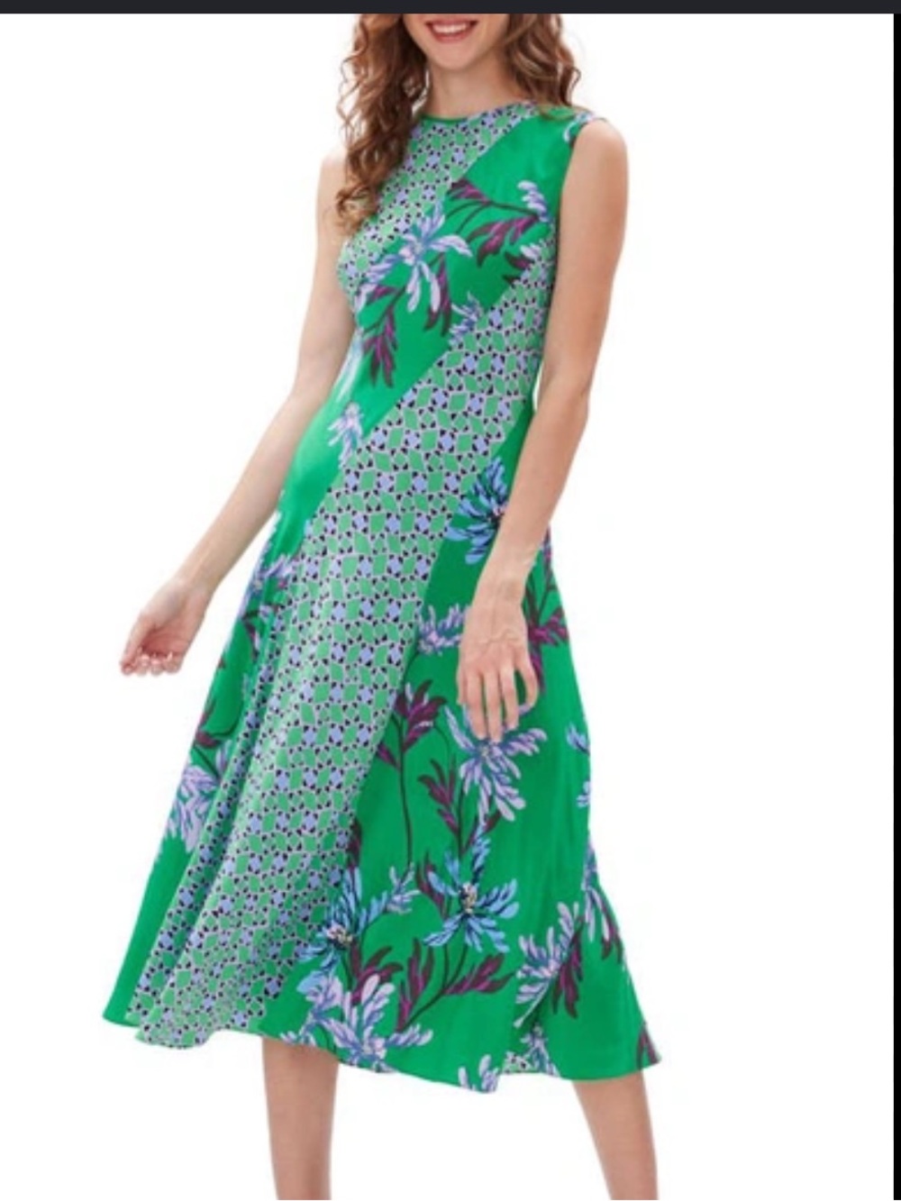 Diane Von Furstenberg Green Floral Print Sleevelesse Midi Dress